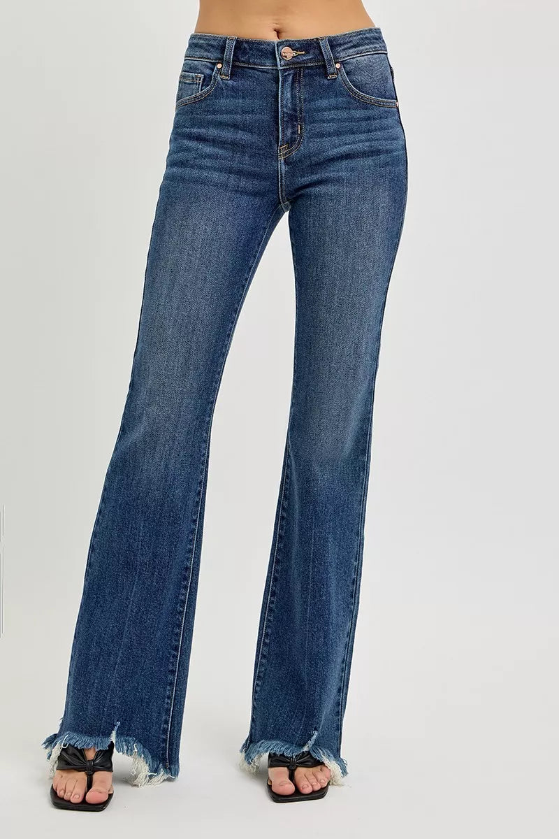 Women's mid rise flare jeans with frayed hem front view