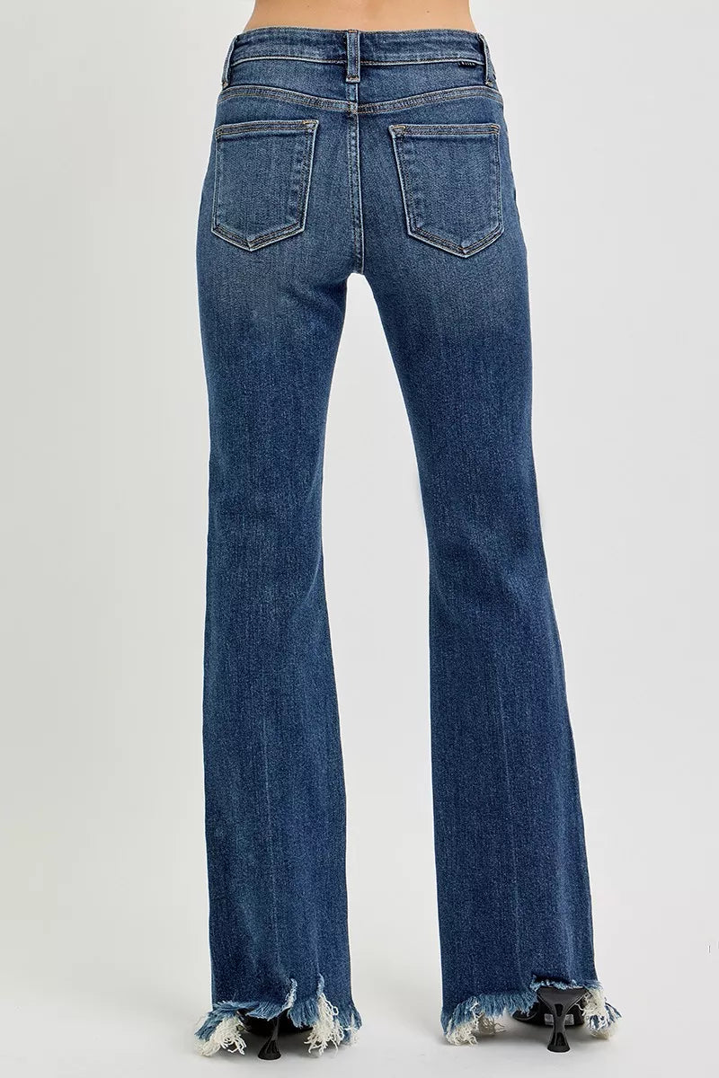 RISEN flare jeans with raw frayed hem back view