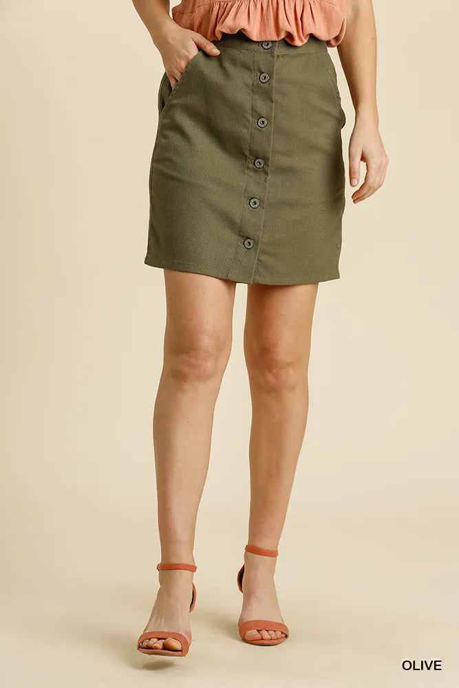 Olive green button-front mini skirt with pockets front view