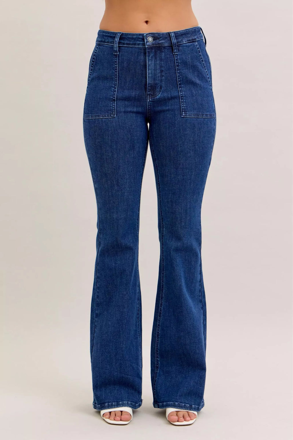 Women's high waist flare jeans with patch pockets front view