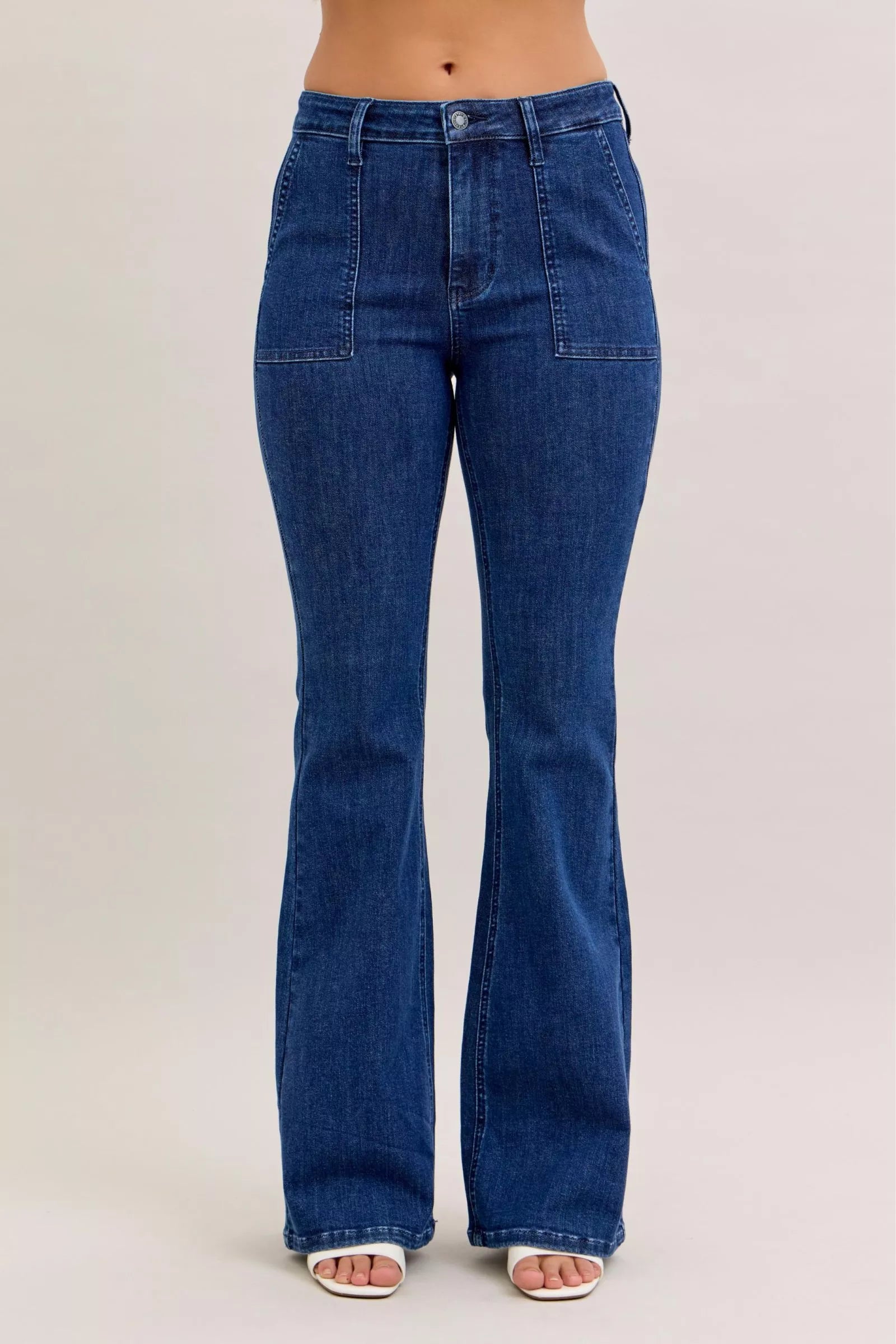 Women's high waist flare jeans with patch pockets front view