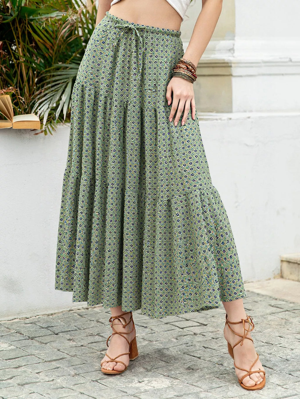 Women's boho print tiered maxi skirt front view