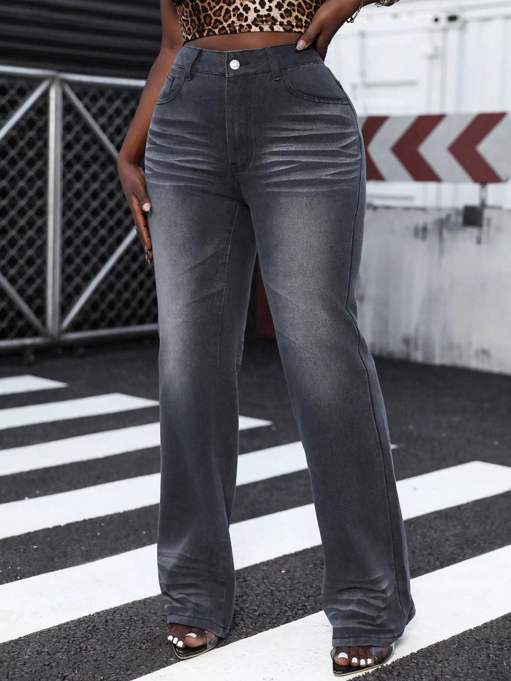Women's high waist straight leg jeans front view