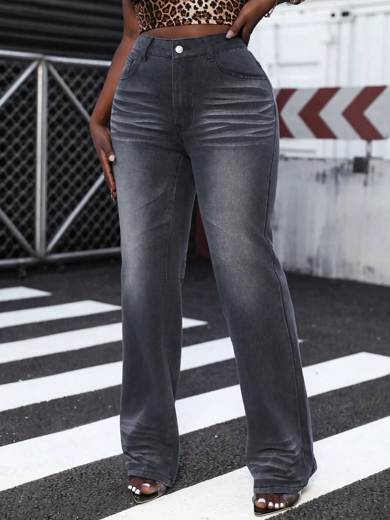 Women's high waist straight leg jeans front view