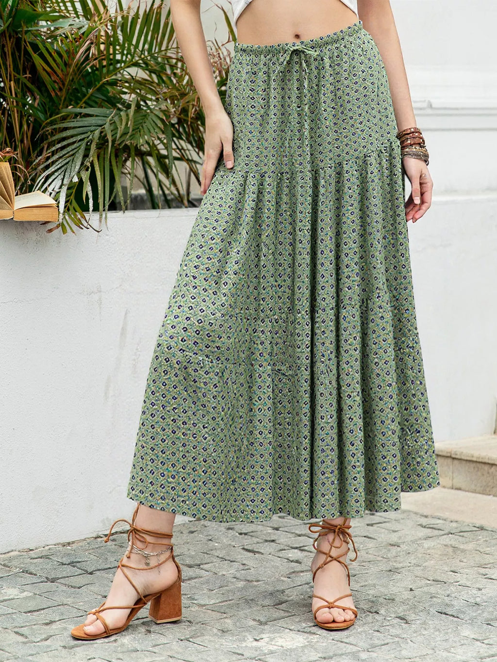 Tiered maxi skirt boho print detail view