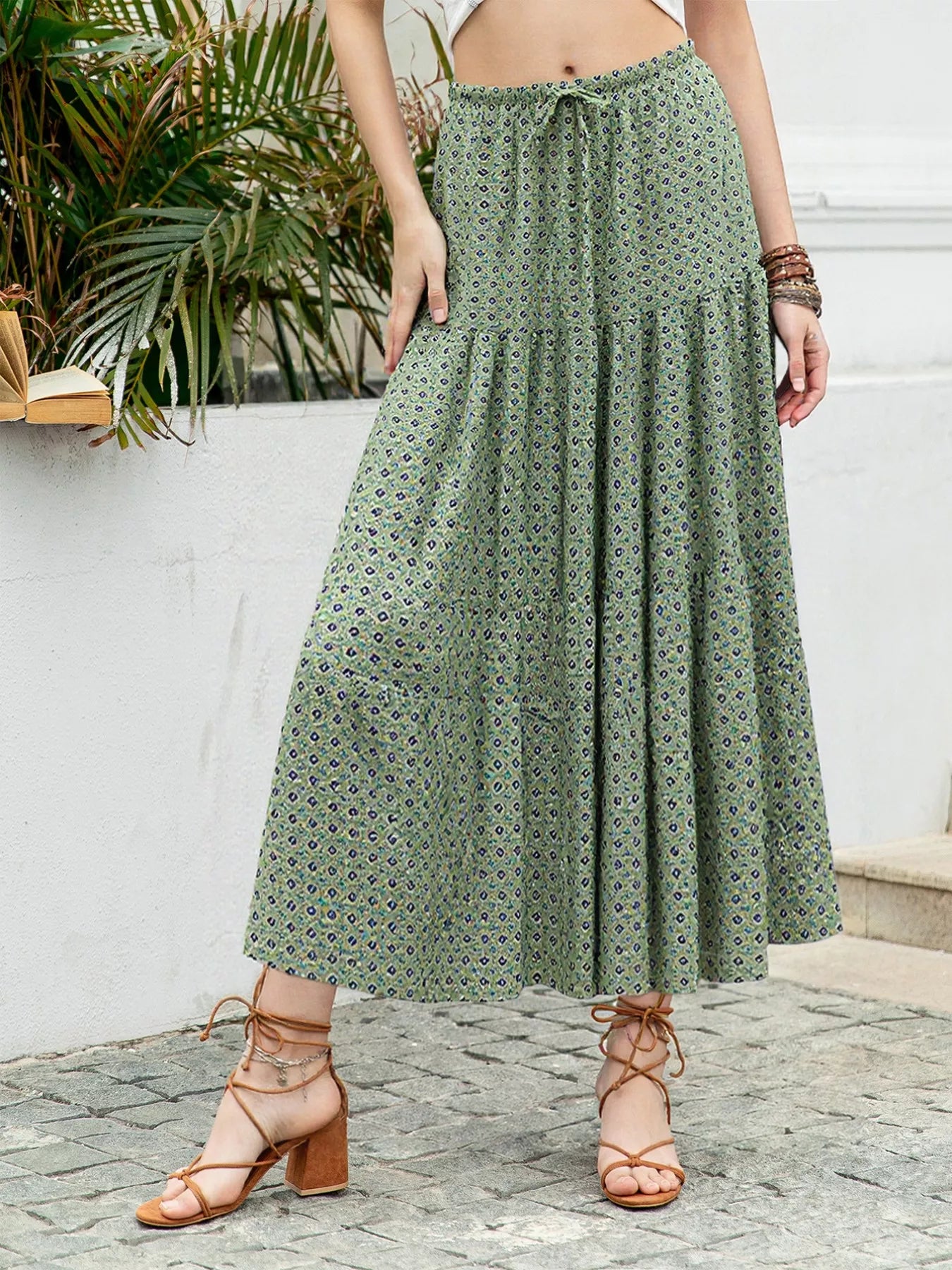 Tiered maxi skirt boho print detail view