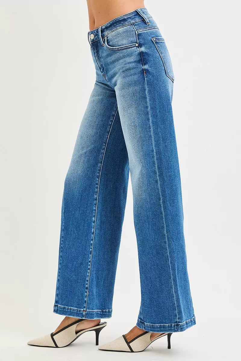 Mid rise wide leg jeans side detail view