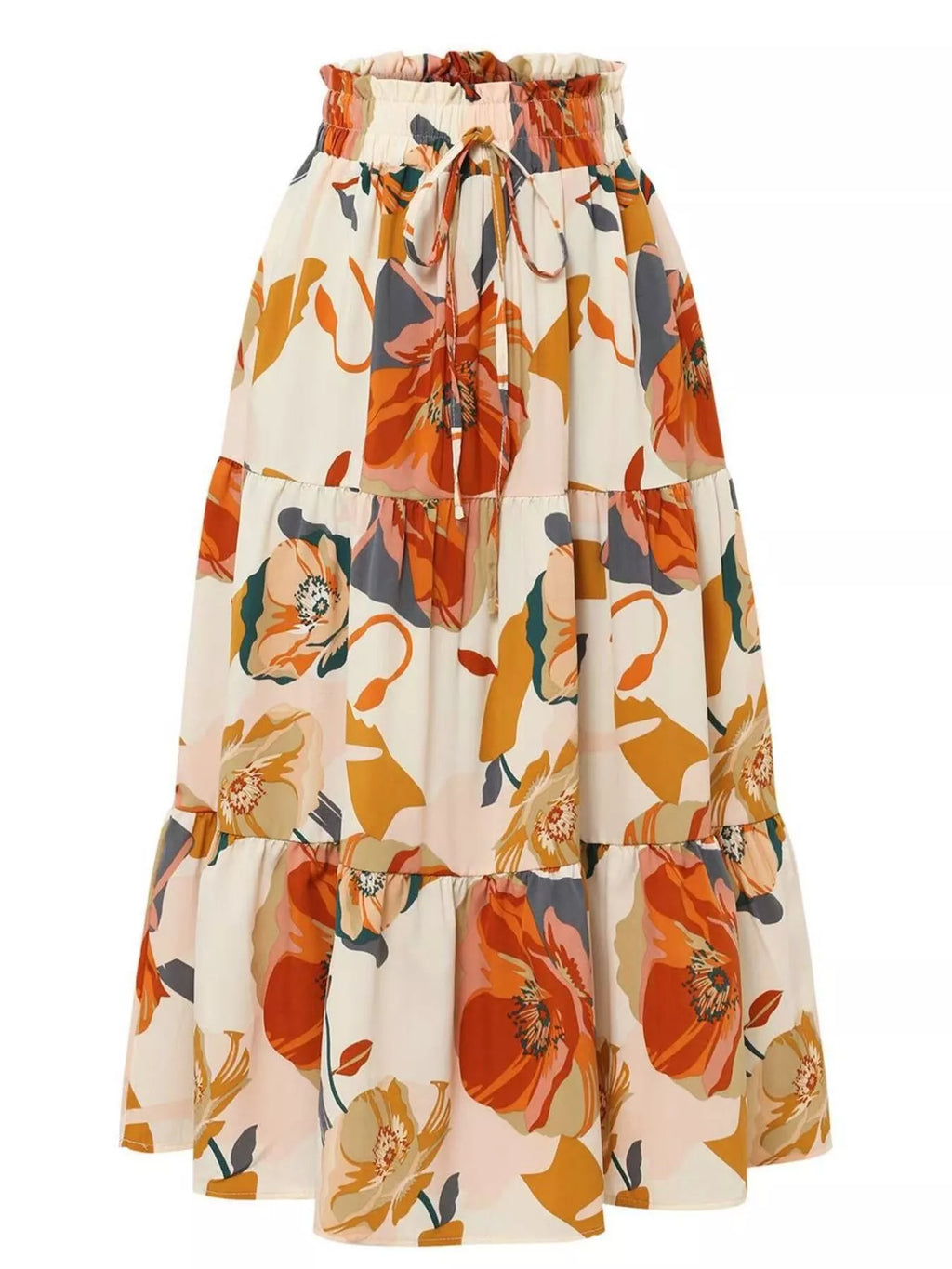 Women's floral print tiered maxi skirt front view