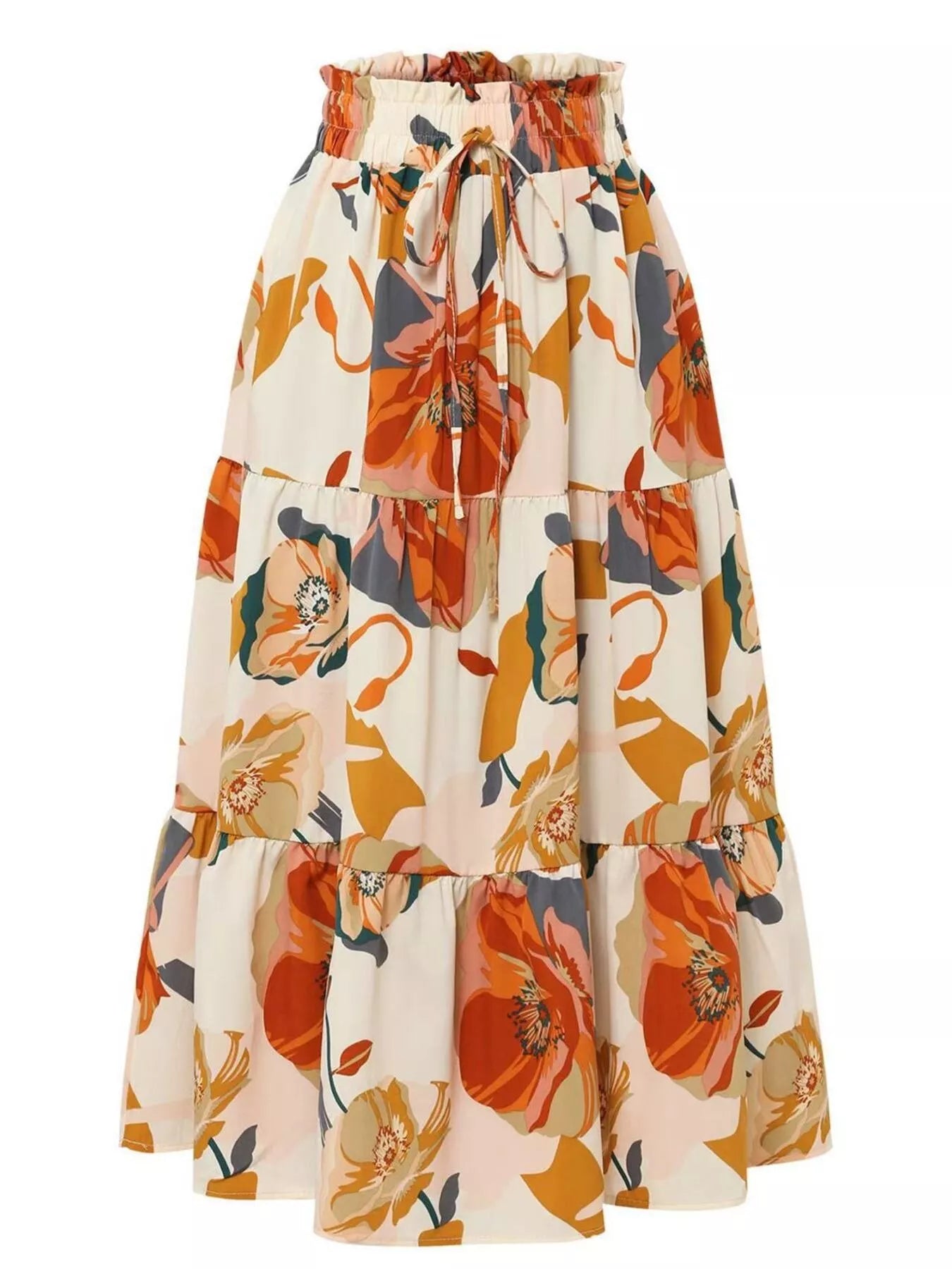 Women's floral print tiered maxi skirt front view