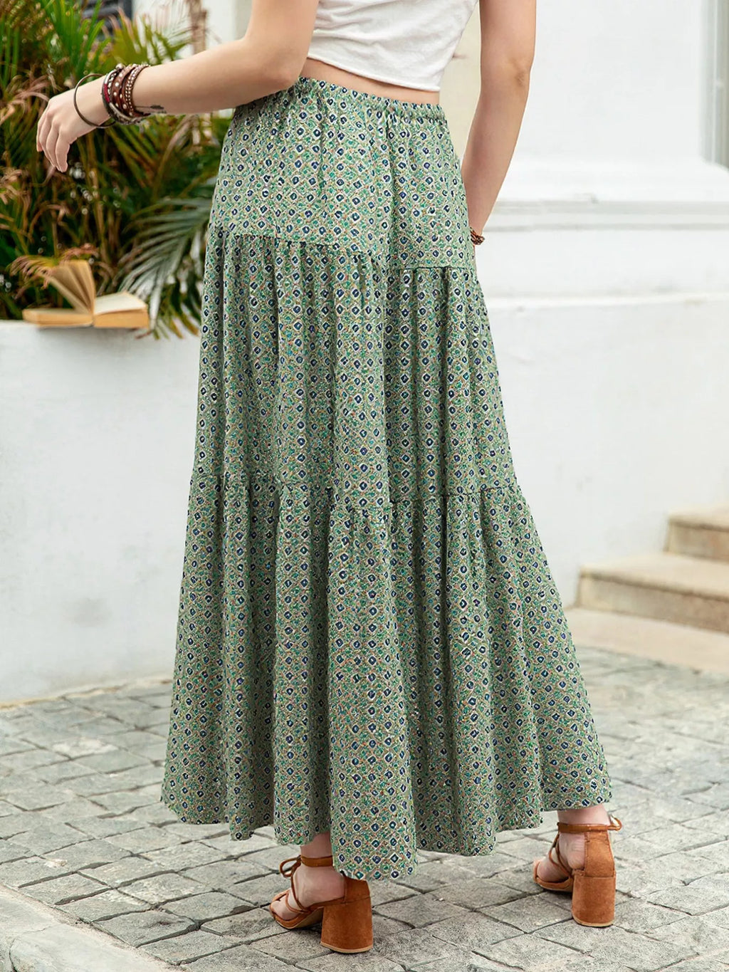 Boho tiered maxi skirt with drawstring waist back view