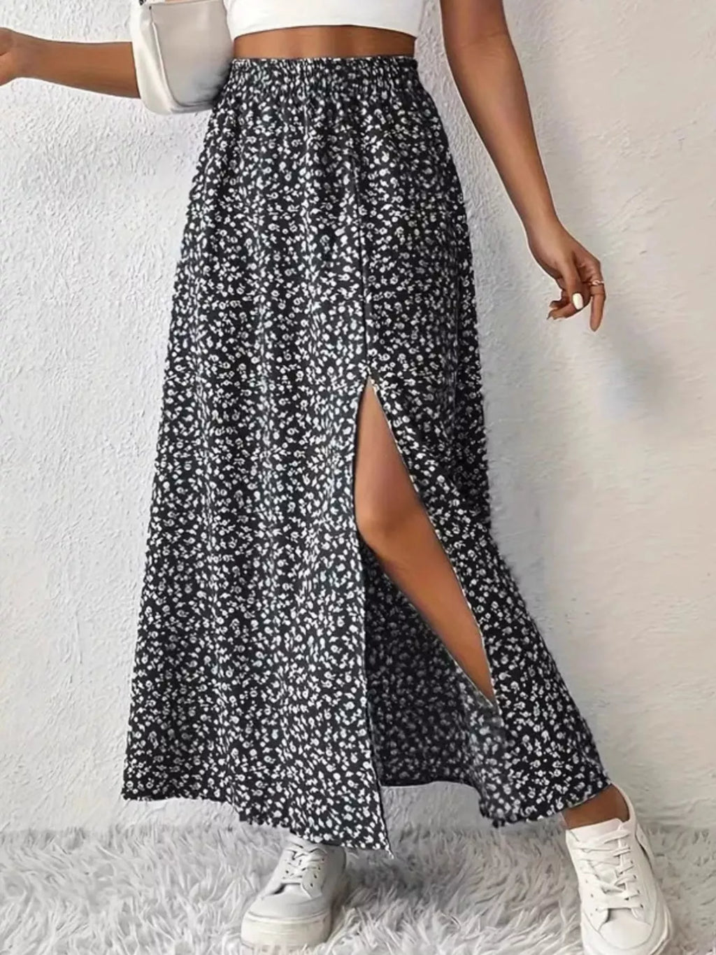 Women's printed maxi skirt with slit front view