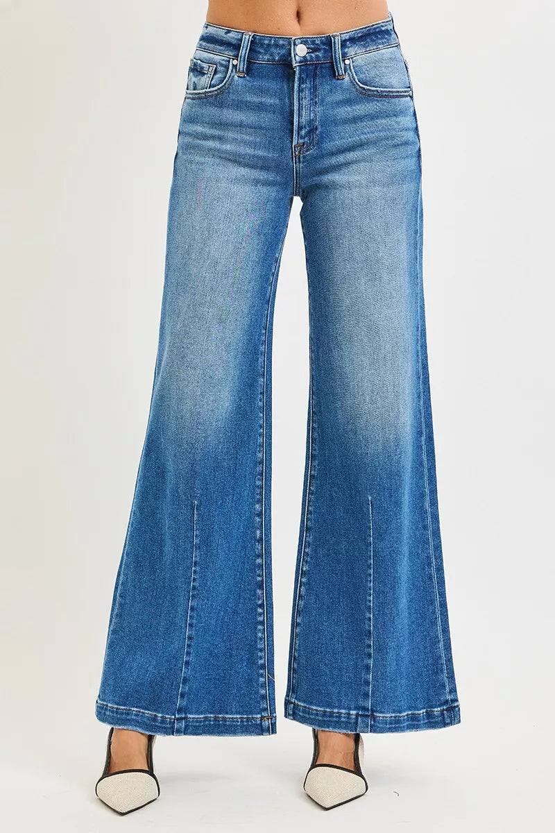 Women's mid rise wide leg flare jeans front view