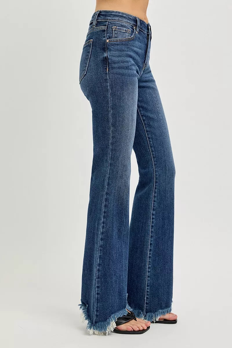 Mid rise flare jeans frayed hem detail view