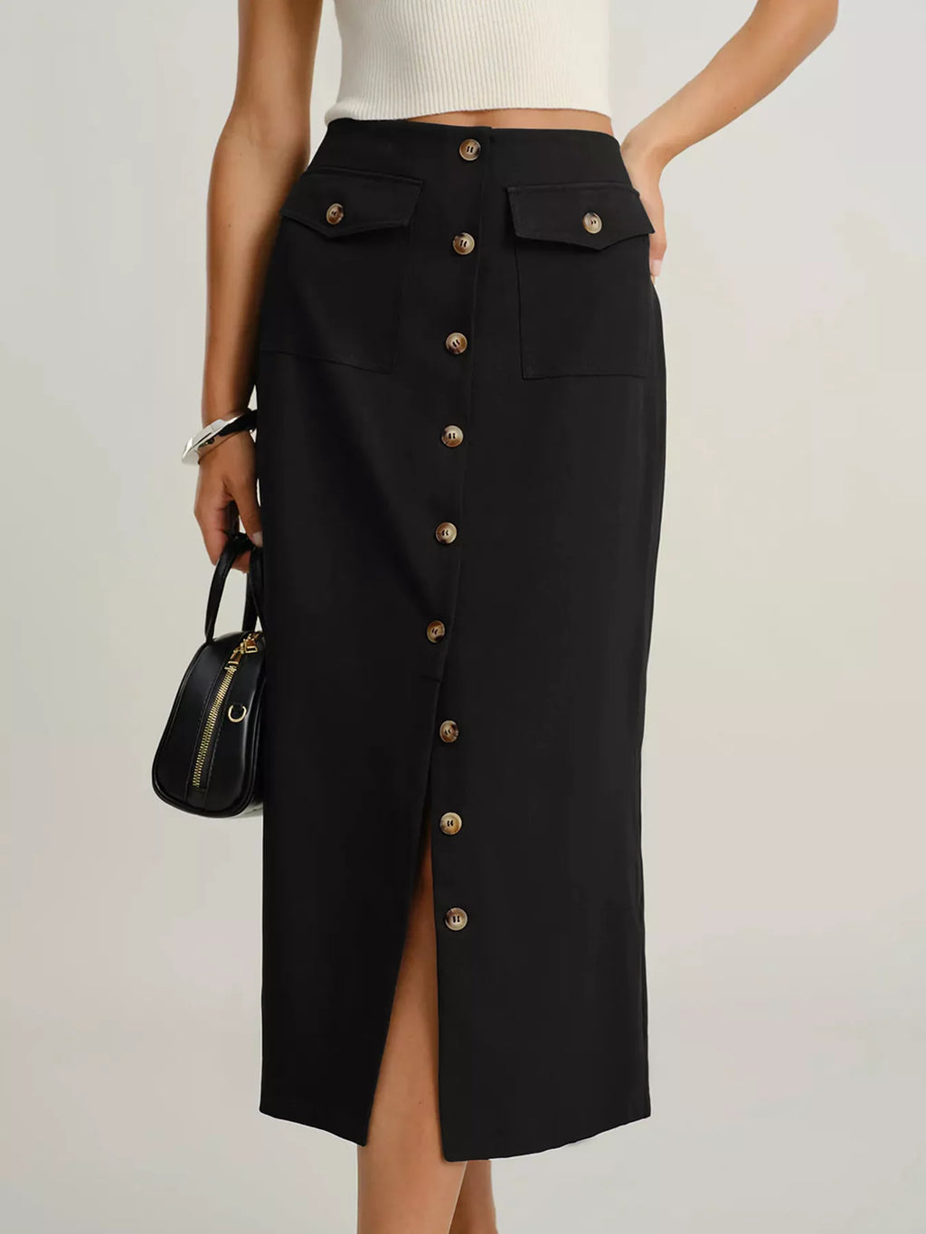 Women's button-front midi skirt with pockets front view