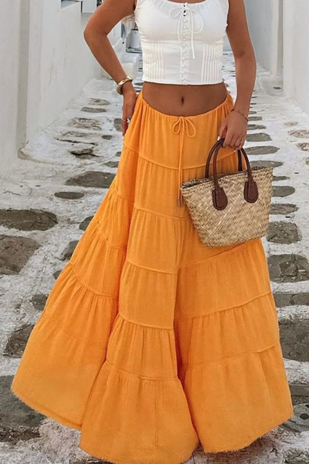 Women's bohemian tiered maxi skirt front view
