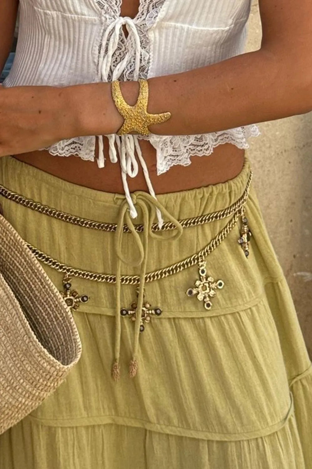 Bohemian tiered skirt flowy detail view